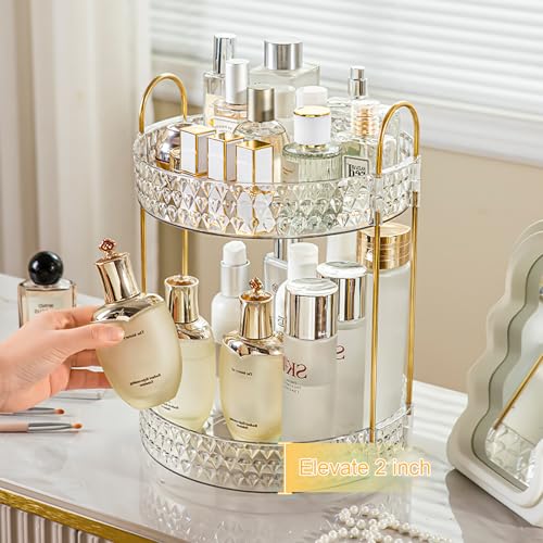 Large Capacity Rotating Makeup Organizer Perfume Stand Holder, 2 Tier Clear | Skincare Storage for Dresser 360° Spinning Bathroom Counter Organizer for Vanity Lazy Susan Turntable