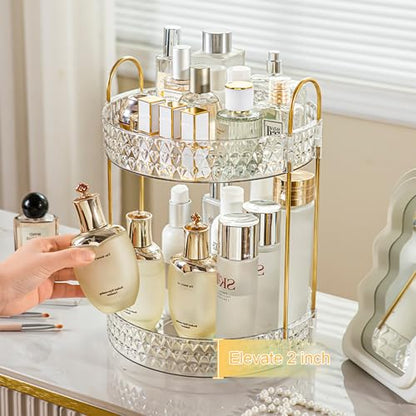Large Capacity Rotating Makeup Organizer Perfume Stand Holder, 2 Tier Clear | Skincare Storage for Dresser 360° Spinning Bathroom Counter Organizer for Vanity Lazy Susan Turntable