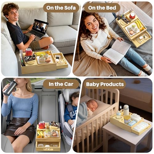 Couch Cup Holder 7-in-1 Couch Tray Sofa Side Table with Push-Pull Drawer