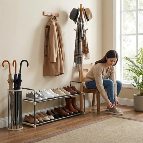 Shoe Rack - 2-Tier Shoe Organizer for Closet, Bathroom, Entryway - Shelf Holds 10 Pairs Sneakers, Heels, Boots by Home-Complete (Gray)