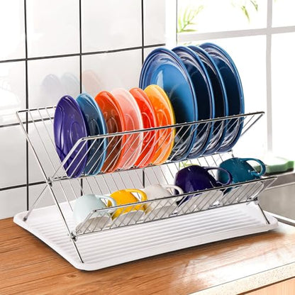 Foldable Dish Drying Rack with Drip Tray, Stainless Steel 2 Tier Dish Drainer Rack, Collapsible Dish Drainer, Folding Dish Rack for Kitchen Sink, Countertop, Cutlery, Plates, Dishes