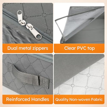 LotFancy Under Bed Storage Bags with Clear Window & Handles, 24” x 16” x 6" | Foldable Closet Organizers, Clothes Blankets Container, Space-saving Storage Bins, with Cardboard Support, Pack of 2, Gray