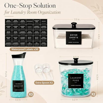 Laundry Room Organization Set, 3 Containers, 3 Dispensers, Black | 3 liquid laundry detergent dispensers, 2 laundry pods containers, 1 dryer sheet holder, with wood lids, labels and scoops