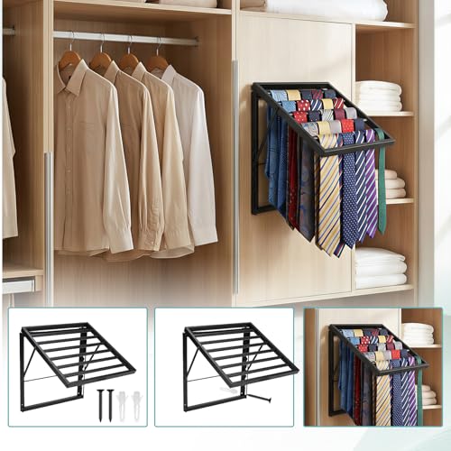 Wall Mounted Tie Rack Organizer, Metal Tie Rack Holds Up to 58 Ties, Adjustable Angle Tie Holder for Closet ,Tie Organizer Wall Mounted, Suitable for Ties, Scarves and Belts Organization (Black)