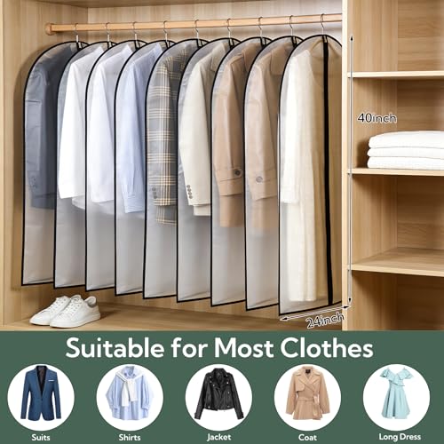 24 Pack Garment Bags for Hanging Clothes, 40" Clear PEVA Garment Bags with Zipper, Dustproof Clothes Covers for Suits, Shirts, Jackets and Dresses, Reusable Hanging Garment Bags for Closet Storage