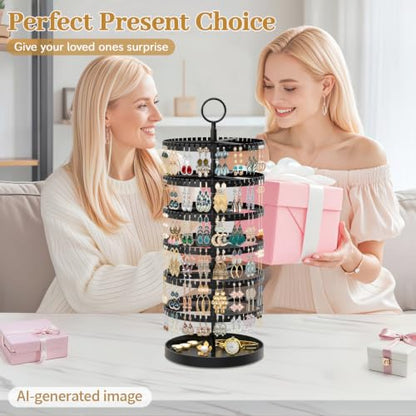 MODOWEY Rotating Earring Holder Organizer Tree Display Stand, 6 Tiers Black | 342 Slots Adjustable Plastic Hanger with Metal Tray for Stud Pierced Hoop, Large Capacity Storage Rack for Women Space-Saving