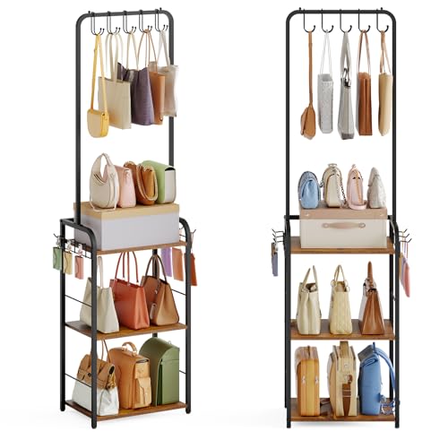 Floor-Standing Purse Organizer for Closet, Tall Handbag Storage Rack | 3-Tier Storage: Five top hangers and six side hooks hold bags and accessories; 15.35-inch width fits closets and corners.
