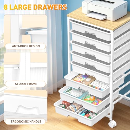 SUNALLY Rolling Cart With 8 Drawers,Storage Drawer Cart for Craft Art,White | Storage Utility Cart with Wooden Tabletop & 2 Lockable Wheels, Teacher Storage Cart for Classroom School Storage, Makeup,Nail