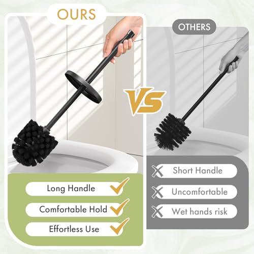 Toilet Bowl Brush and Holder Set 3 Pack with 6 Extra Brush Heads (Black) | Extra Long Handle with Splash Guard Cover, Tool-Free Installation, Bathroom Space-Saving, Cleaner Sets for Apartments, RV