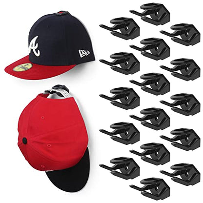 Adhesive Hat Hooks for Wall (16-Pack) - Hat Rack for Baseball Caps, Minimalist Hat Display, Strong Hold Hat Hangers for Wall - USA Patented, Black