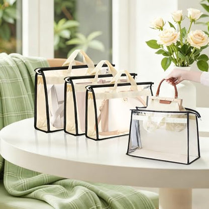 12 Packs Dust Bags for Handbags,4 Sizes Beige Clear Handbag Storage Organizer for Closet, Purse Organizer with Zipper Handle and 12 Pcs Hooks