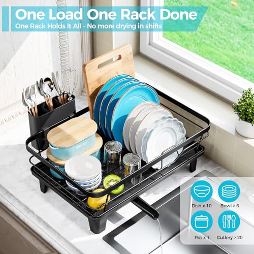 Urakify Dish Drying Rack for Kitchen Counter, 16.5" L x 12.2" W, Black | Large Dish Drainer with Cutlery Holder, Sink Dish Rack with Drainboard for plate dish silverware, Space Saving