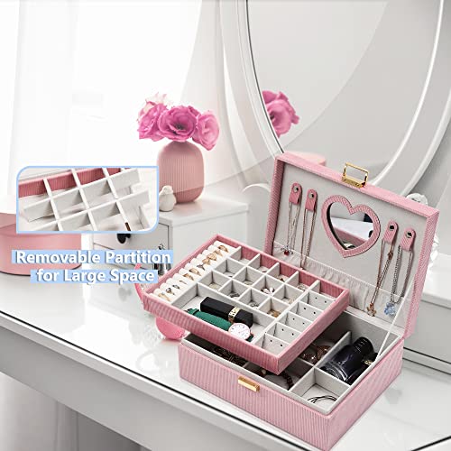 Jewelry Box for Teen Girls Women, 2 Layers Jewelry Organizer with Mirror, Removable Jewelry Tray, Jewelry Storage Case, Gift Idea for Teenagers, Striped Velvet (Pink)