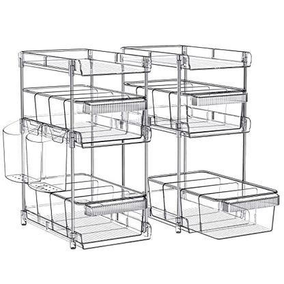 WAKISA 2Pcs Pull Out Organizer and Storage with Cups and Removable Dividers | Slide Out Drawer Storage Containers for Bathroom, Kitchen and Under-Sink Organization with 2 Cups and 6 Removable Dividers