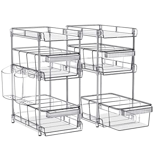 WAKISA 2Pcs Pull Out Organizer and Storage with Cups and Removable Dividers | Slide Out Drawer Storage Containers for Bathroom, Kitchen and Under-Sink Organization with 2 Cups and 6 Removable Dividers