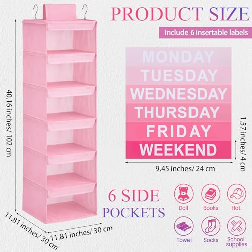 Thyle 6-Shelf Weekly Clothes Organizer for Kids, Hanging Daily Closet Organization with 12 Side Pockets, Pink Days of the Week Clothing Divider Storage for Boys and Girls