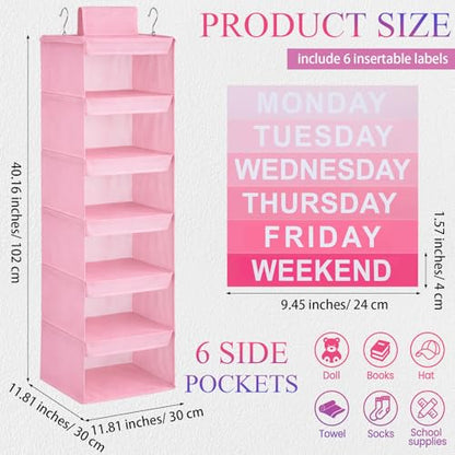 Thyle 6-Shelf Weekly Clothes Organizer for Kids, Hanging Daily Closet Organization with 12 Side Pockets, Pink Days of the Week Clothing Divider Storage for Boys and Girls