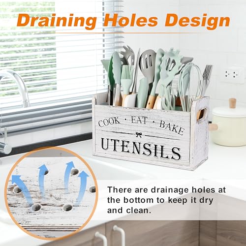 Kitchen Utensil Holder with 3 Compartments, Wooden... (Brown | Wood)