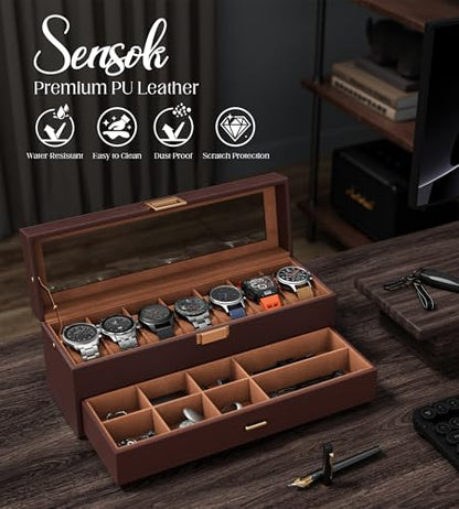 Watch Cases Box for Men 7 Slots Display Case with Jewelry Bottom | Watches Storage Organizer 2 Layer Pu Leather Collection Holder Gift for Dad Husband with Real Glass Lid Brown
