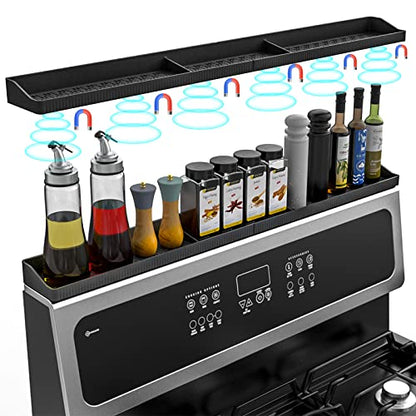 30" Magnetic Stove Top Shelf, Silicone Over the Stove Spice Rack Organizer | Heat Resistant Silicone, Anti-Rattle No-Scratch Range Shelf, 3 Functional Partitions Kitchen Storage for Spices