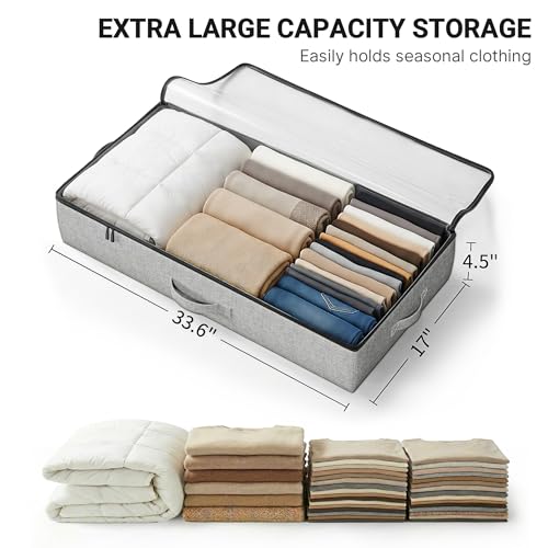 2-Pack Under Bed Storage Containers, 4.5 Inches Tall Clothes Storage, Grey | Low Profile Collapsible Underbed Organizer Bin with Sturdy Sidewalls/Bottom, Cotton-linen, For Seasonal Clothes & Bedding