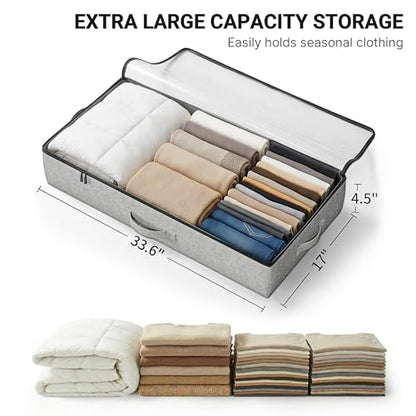 2-Pack Under Bed Storage Containers, 4.5 Inches Tall Clothes Storage, Grey | Low Profile Collapsible Underbed Organizer Bin with Sturdy Sidewalls/Bottom, Cotton-linen, For Seasonal Clothes & Bedding