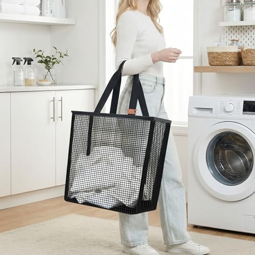 STORAGE MANIAC Collapsible Laundry Basket, 16.9 Gal. Large Pop-up Laundry Hamper with Long Carry Handles, Space-Saving Foldable Clothes Hamper with Bottom Elastic Band, Travel Laundry Bags, Mesh Black