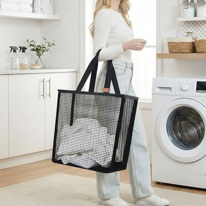 STORAGE MANIAC Collapsible Laundry Basket, 16.9 Gal. Large Pop-up Laundry Hamper with Long Carry Handles, Space-Saving Foldable Clothes Hamper with Bottom Elastic Band, Travel Laundry Bags, Mesh Black