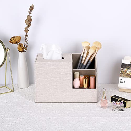 Sumnacon Square Linen Tissue Box Cover - Decorative Cube Tissue Box Holder with Side Organizer, Modern Tissue Box for Living Room Vanity Night Stand Table Countertop Office, Beige