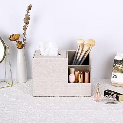 Sumnacon Square Linen Tissue Box Cover - Decorative Cube Tissue Box Holder with Side Organizer, Modern Tissue Box for Living Room Vanity Night Stand Table Countertop Office, Beige