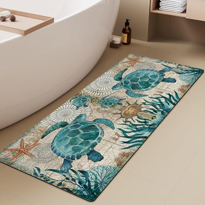 Extra Long Bath Rug, Blue Vintage Sea Turtle Decor Non Slip Bath Runner Rug with Rubber Backing, Thin Absorbent Quick Dry Bath Mats for Bathtub Bathroom Kitchen, 15.7x47.2 inch