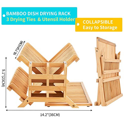 Bamboo Dish Drying Rack, 3 Tier Collapsible Wooden Dish Drainer Rack with Utensil Holder, Plate Rack for Kitchen Counter, Large Folding Drying Holder 51 pcs Grid