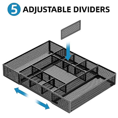 Marbrasse Expandable Desk Drawer Organizer, Mesh Drawer Organizer Tray with 10 Adjustable Compartments, Desk Organizers and Accessories, 5 Dividers Drawer for Office Supplies, Makeup & Vanity (Black)