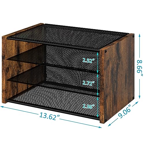DAOUTIME 3-Tier Paper Letter Tray, Wooden Desk File Organizer, Stackable Metal Mesh Desk Organizer for Office Supplies. Small Paper Trays for Home Office School, Rustic Brown