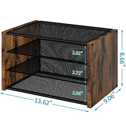 DAOUTIME 3-Tier Paper Letter Tray, Wooden Desk File Organizer, Stackable Metal Mesh Desk Organizer for Office Supplies. Small Paper Trays for Home Office School, Rustic Brown
