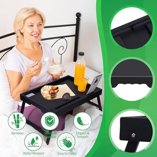 Artmeer Bamboo Bed Tray Table with Device Slot, Folding Legs, Large, Black | FSC-certified bamboo bed tray with folding legs, device slot and handles for meals, laptops, reading and serving in bed.