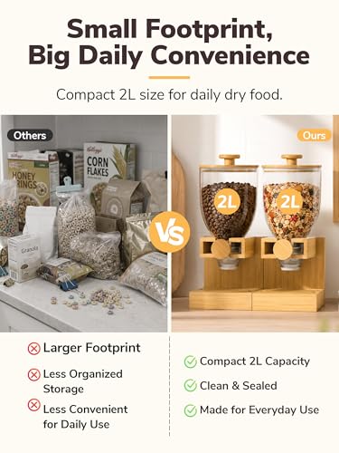 Bamboo Cereal Dispenser Countertop, 2L Airtight Single Pack