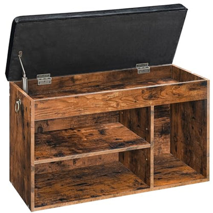 HOOBRO Shoe Storage Bench with Cushion, 32.3'' Entryway Bench with Lift Top Hidden Storage and Adjustable Shelves, Wooden Shoe Rack Bench for Entryway Bedroom, Rustic Brown and Black BF40HX01