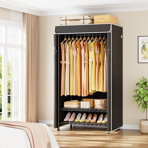 H5C Clothes Rack with Cover, Covered Clothing Rack Heavy Duty | Garment Rack with Shelves, 3-Tier Portable Closets for Hanging Clothes, Max Load 360LBS, Black Closet Racks with Black Cover