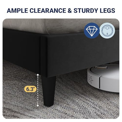 Allewie Velvet Queen Upholstered Bed Frame with Wingback Storage Headboard & Charging Station, Platform Bed with Diamond Tufted Design & Gold Trim, No Box Spring Needed, Easy Assembly, Black