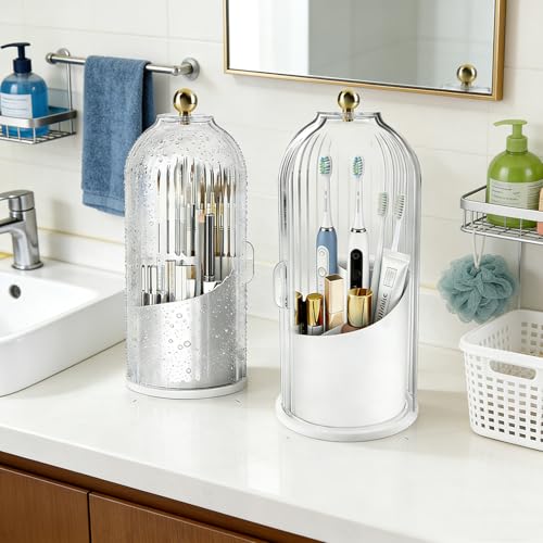 Bathroom Toothbrush Holder Organizer, 360° Rotating Toothbrush Storage Caddy with Dustproof Cover, Countertop Toothpaste Holder for Electric Toothbrushes, Makeup Brushes