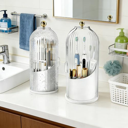 Bathroom Toothbrush Holder Organizer, 360° Rotating Toothbrush Storage Caddy with Dustproof Cover, Countertop Toothpaste Holder for Electric Toothbrushes, Makeup Brushes