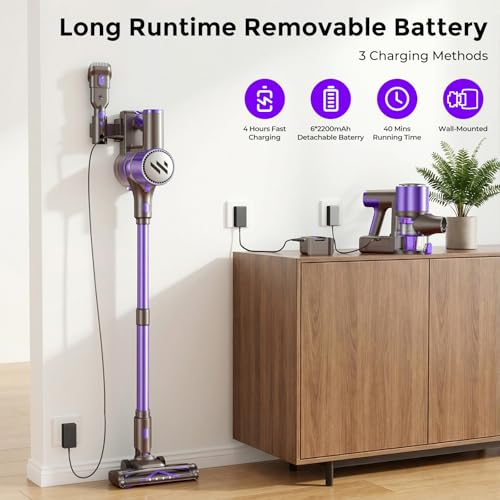WLOTPO Vacuum Cleaners for Home,Cordless Vacuum Cleaner,Lightweight Stick Vacuum Cordless Rechargeable,Self-Standing Design,LED Touch Screen,Vacuum for Hardwood Floors,Carpet,Pet Hair(Blue Purple)