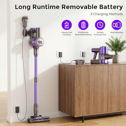 WLOTPO Vacuum Cleaners for Home,Cordless Vacuum Cleaner,Lightweight Stick Vacuum Cordless Rechargeable,Self-Standing Design,LED Touch Screen,Vacuum for Hardwood Floors,Carpet,Pet Hair(Blue Purple)