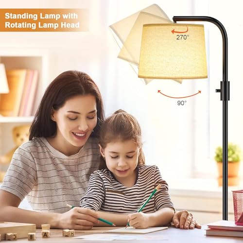 Arc Floor Lamp for Living Room with Rotary Switch, Linen Shade | Dimmable, Adjustable Head, 9W LED Bulb, Black, for Bedroom Office Dorm