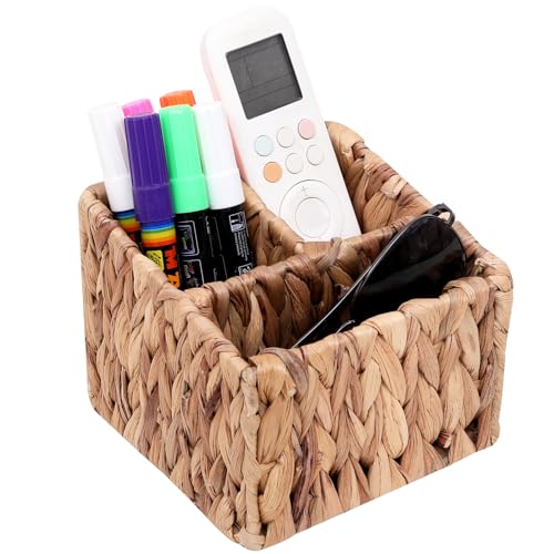 Hand Woven Wicker Remote Control Holder with 3 Compartments-Natural | Water Hyacinth Storage Basket,Cosmetic Storage Box for Desk,Home Organization