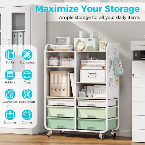 6 Drawers Rolling Storage Cabinet with Wood Top& Pegboards Green | Utility Craft Cart with Adjustable Shelves & Lockable Wheels for Classroom, Home Office & Art Studio, Household Organization