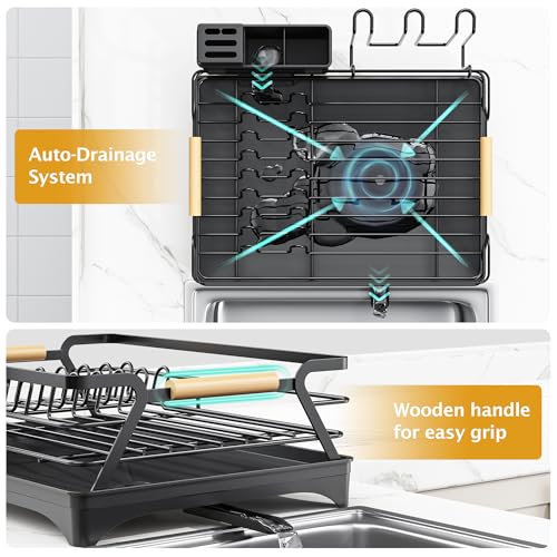 Epicano Dish Drying Rack for Kitchen Counter,Black,Large Capacity | Raised Feet,Rustproof,Wooden Handle,Auto-Drainage System,Cup Holder & Knife Slots, Sink Storage Organizer