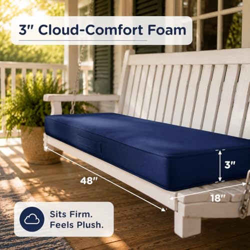 Codi Outdoor Bench Cushion for Patio Furniture, 48x18x3'', Navy | Waterproof & Removable Cover, Premium Shredded Foam Filling, Portable Handle, Bulit-In Zipper, Perfect for Porch Swing