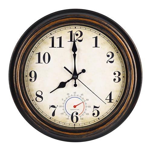 Outdoor Clock Waterproof with Thermometer Wall Clock for Patio Pool Bathroom Kitchen 12 Inch Bronze